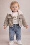 Baby Girl Leopard Printed Piece Set with Fur Collar Jacket, Wild Embroidered Long Sleeve Bodysuit, Jean Pants, 3-Piece Set