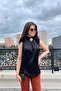 Women's Black Drape Collar Gold Accessory Detail Sleeveless Satin Blouse Sun291 - 3