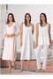 Women's Ecru Stripe Detailed Strappy 100% Cotton Maternity Pajama Set Nightgown 4-Piece Set