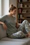 Women's Short Sleeve Stretch Fabric Buttoned Collar Pajamas Set Green - 4