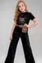 Girl's Leopard Detailed T-Shirt and Slit Wide Leg Denim Pants with Fuchsia Blazer Jacket - 2