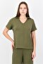 Women 2 Pieces Textured Short Sleeve Top And Bottom Set, Olive - 2