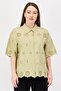 Women Spread Collar Short Sleeve Embroidered Shirt, Sage