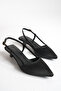 Black Satin Short Kitten 3 cm Heeled Women's Shoes with Pointed Toe
