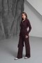 Women's Bitter Brown Snap Detailed Polo Collar Blouse Wide Leg Pants Bottom Top Two-Piece Knitwear Set - 4