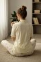 Women's Short Sleeve Stretch Fabric Buttoned Pajama Set Cream - 4