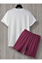 White&Burgundy Tropical Printed Short Sleeve T-Shirt And Shorts Two-Piece Set - 2