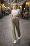 Urban Élégance High Waist Lace-Up Trousers - Khaki - S