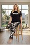 New Season Women's Black Patterned Short Sleeve Special Design Summer Large Size (Oversize) Pajama Set - 5