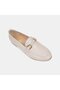 Women's Beige Metal Gold Buckle Accessory Leather Loafers - 7
