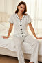 White Black Bow Detail Corded Fabric Summer Short Sleeve Pajama Set - 3