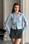 Women's Blue Front Ruched Waist Fitted Long Sleeve Stylish Shirt