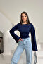 Women's Navy Blue Crew Neck Long Spanish Sleeve Soft Body Blouse - 2