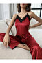 Women's Satin Collared French Lace Detailed 2-Piece Pajama Set - 3