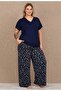 Navy Blue Cotton Piece Cotton Plus Size Women's V-Neck Wide-Leg Pajama Set