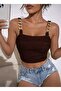 Chain Detail Square Collar Wave Jacquard Cropped Blouse