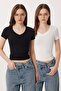 حزمة من قطعتين تي شيرت محبوك بياقة على شكل حرف V LDZ0068 BLACK BONE