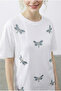 Women's White Beaded Stone Embroidered Dragonfly Patterned Comfortable Fit T-Shirt 2212 60283971 - 7
