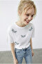 Women's White Beaded Stone Embroidered Dragonfly Patterned Comfortable Fit T-Shirt 2212 60283971 - 4