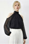 Women's Black Polka Dot Off-The-Shoulder High Neck Chiffon Blouse 0906 60283967
