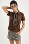 Women's Brown Tiger Embroidery Scarf Detailed Polo Collar T-Shirt 3501 60283973 - 2