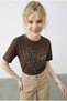 Women's Brown Leopard Heart Stone Embroidered Crew Neck Regular Fit T-Shirt 2210 60283976 - 3