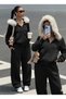 Women's Black - Smoked Zippered Hooded Sweatshirt Tracksuit Set – Fur-Trimmed Hoodie, Pocketed , Stay Comfortable