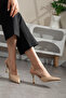 Gold Satin Heeled Women's Shoes with Pointed Toe - 3