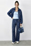 Women's Blue Patterned Denim Look Pocket Detailed Lined Bomber Jacket Trouser Set 8080 60283983 - 2