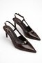 Women's Brown Patent Leather Stiletto Heel U Pointed Toe Gold t Buckle Detail Shoes