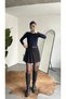 Women's Black High Waist Belt Pack Old Money Viscose Pleated Mini Skirt with Shorts - 4