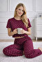 Women's Burgundy Polka Dot Patterned Top and Bottom Pajama Set - Home Wear