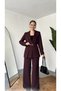 Women's Burgundy Belt Piece Blazer Jacket with Elastic Waist Palazzo Pants Two-Piece Set - 5