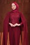 Burgundy Shoulder Cape Beaded Embroidered Draped Evening Dress - 2