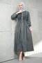 Smoked Half-Buttoned Pleated Denim Dress