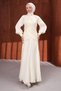 Cream-Colored Draped Front Balloon Sleeve Sparkling Evening Dress - 3