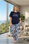 New Season Women's Navy Blue Patterned Short Sleeve Design Summer Large Size (Oversized) Pajama Set - 4
