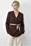Women's Brown Double-Breasted Collared Blazer Jacket with Scarf Belt 8014 60283988
