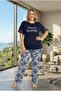 New Season Women's Navy Blue Patterned Short Sleeve Design Summer Large Size (Oversized) Pajama Set