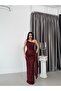 Burgundy One Shoulder Buckle Detail Sequin Evening Dress - 2