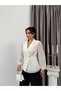 Ecru Tulle Sleeve Pleated Double-Breasted Collar Jacket Blouse - 2