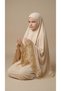 Girl's Luxury Velvet Prayer Dress - Lace Embroidered Cream Prayer Set - Beige Prayer Dress