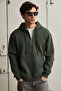 Justus Men's Hooded Kangaroo Pocket Green Sweatshirt with Zipper Collar - 2