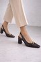 Women's Casual Heeled Shoes Gold Accessory Detail Genuine Brown Leather (Brown Crocodile) - 2