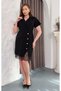 Women's Plus Size Double-Breasted Collar Short Sleeve Skirt Hem Lace Detailed Stretchy Midi Evening Dress 26040 - 7