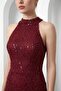 Women's Burgundy Slim Fit Halter Neck Stone Long Fish Evening Dress - 3