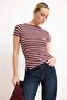 Pink Striped Fitted Short Sleeve Gathered Ribbed Stretchy Knitted Blouse Twoss26Bz00377