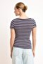 Navy Blue Striped Fitted Short Sleeve Gathered Ribbed Stretchy Knitted Blouse Twoss26Bz00377 - 5