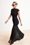 Siyah Büzgü/Drapeli Örme Sandy Maxi Abiye & Mezuniyet Elbisesi TPRSS26AE00085 - 2