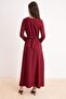 Bordo Gold Çiçek Detaylı Astarsız Maxi Kuşaklı Dokuma Tesettür Elbise TCTSS26EB00125 - 4